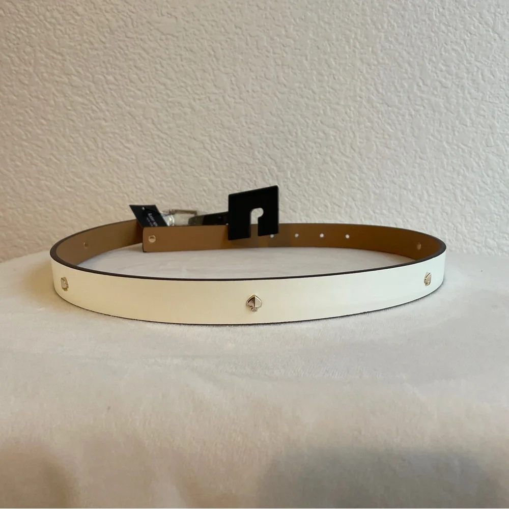 KATE SPADE NEW YORK WOMEN’S LEATHER BELT CREAM WITH GOLD STUDS LOGO SIZE Small - Picture 1 of 10